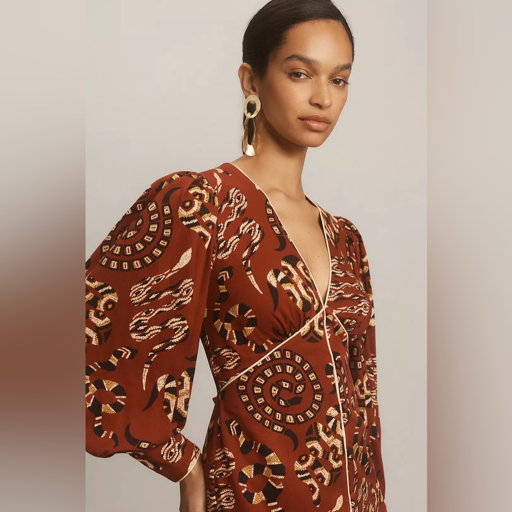 FARM Rio Burgundy Patterned Long Sleeve Mini Dress - Picture 6 of 16